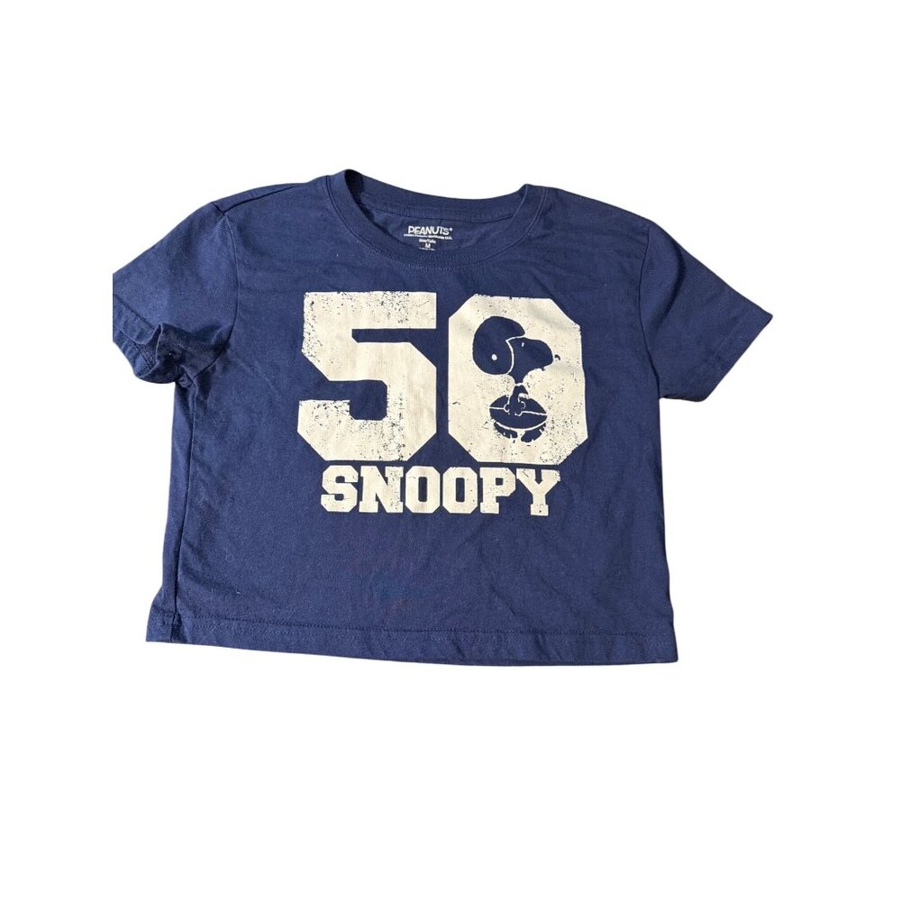 Peanuts Snoopy Navy Blue Graphic T-Shirt 50 Football Cropped Short Sleeves Sz M